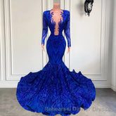 Hot Sparkle Royal Blue Sequin Long sleeves Mermaid Semi Formal Prom Dresses